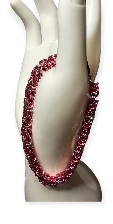Dark Pink and Light Pink Anodized Aluminum Byzantine Bracelet 8 inches