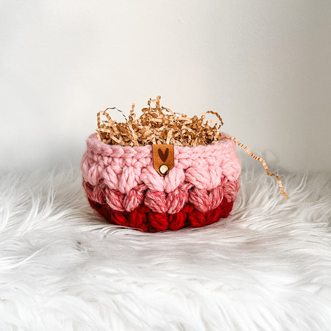 Valentine's Puff Stitch Basket with Heart Tag in Color Way 3