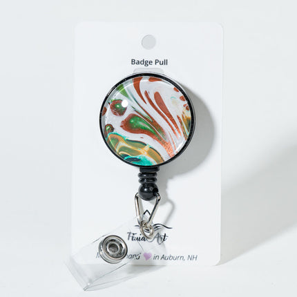 1.25" Fluid Art Badge Reel - White, Bronze, green and Gold