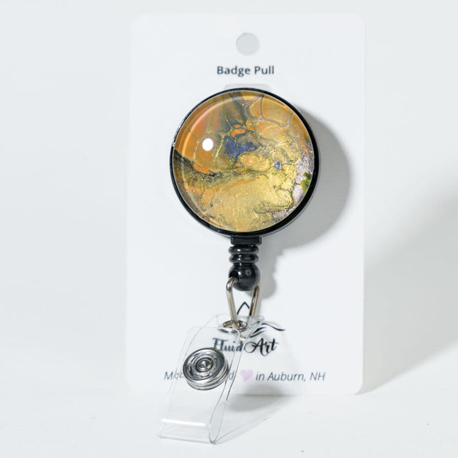 1.25" Fluid Art Badge Reel - Gold Black Orange