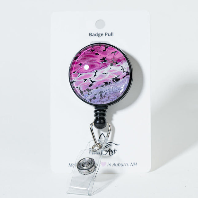 1.25" Fluid Art Badge Reel - pink white lavender black
