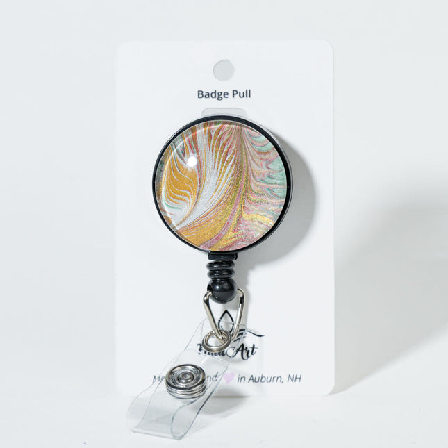 1.25" Fluid Art Badge Reel - Gold white green feather pattern