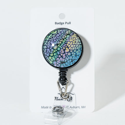 1.25" Fluid Art Badge Reel - lavender green blue, yellow black cells