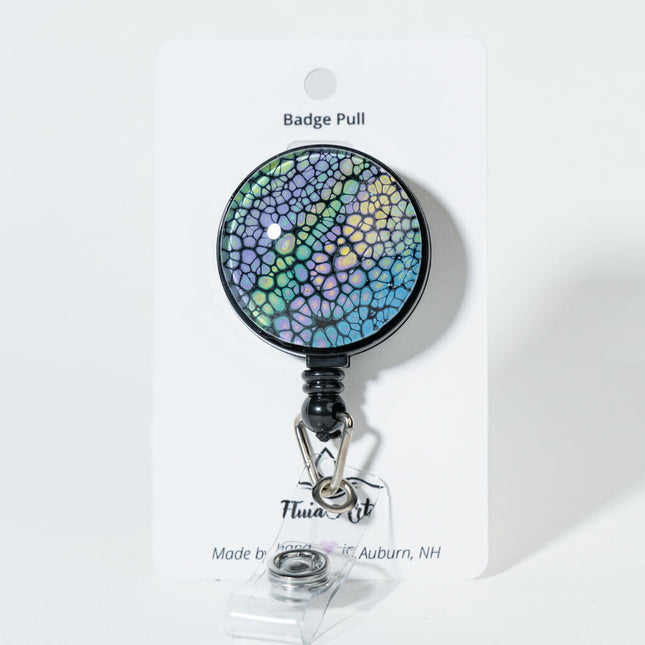 1.25" Fluid Art Badge Reel - lavender green blue, yellow black cells