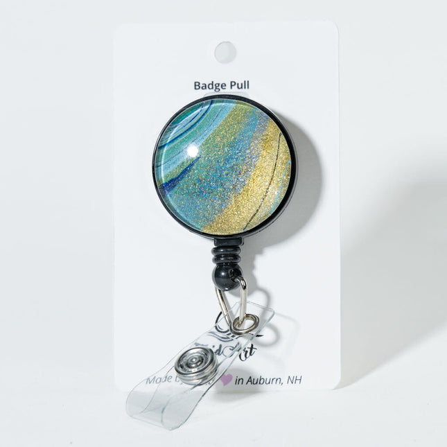 1.25" Fluid Art Badge Reel - iridescent, gold, blue and teal