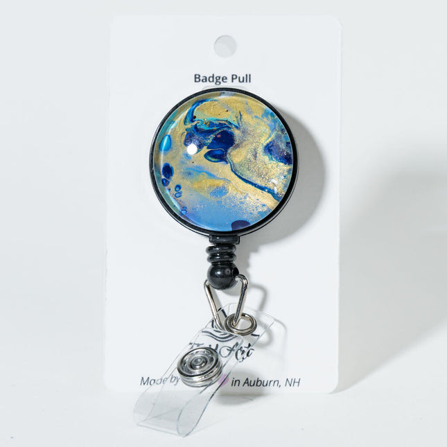 1.25" Fluid Art Badge Reel - Gold dark blue medium blue