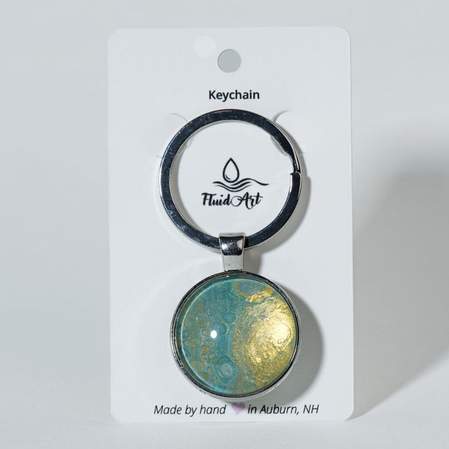 1" Round Fluid Art Keychain - iridescent gold sea green teal
