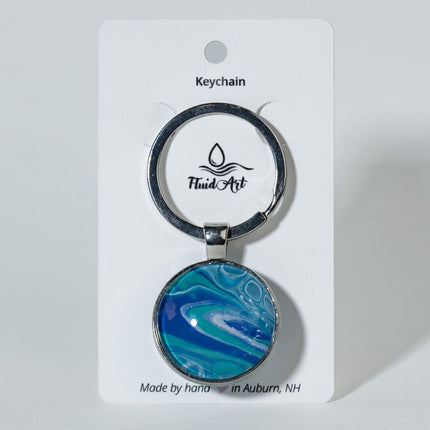 1" Round Fluid Art Keychain - cyan, dark blue, white