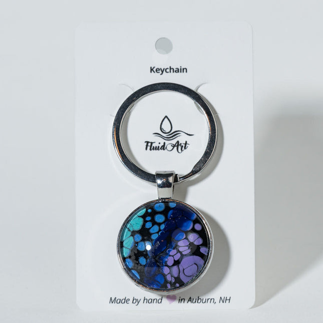 1" Round Fluid Art Keychain - cyan, dark blue, lavender yellow, orange red black 1