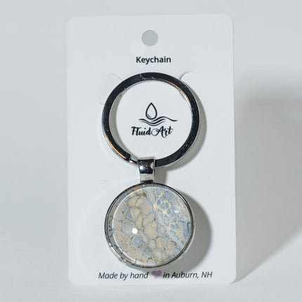 1" Round Fluid Art Keychain - White, cream, iridescent gold, gray