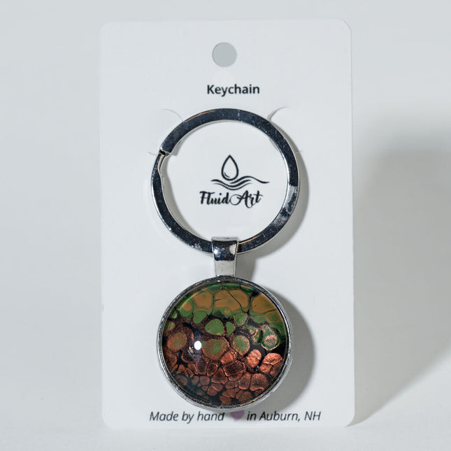 1" Round Fluid Art Keychain - bronze, green, ocher yellow, black