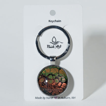 1" Round Fluid Art Keychain - bronze, green, ocher yellow, black