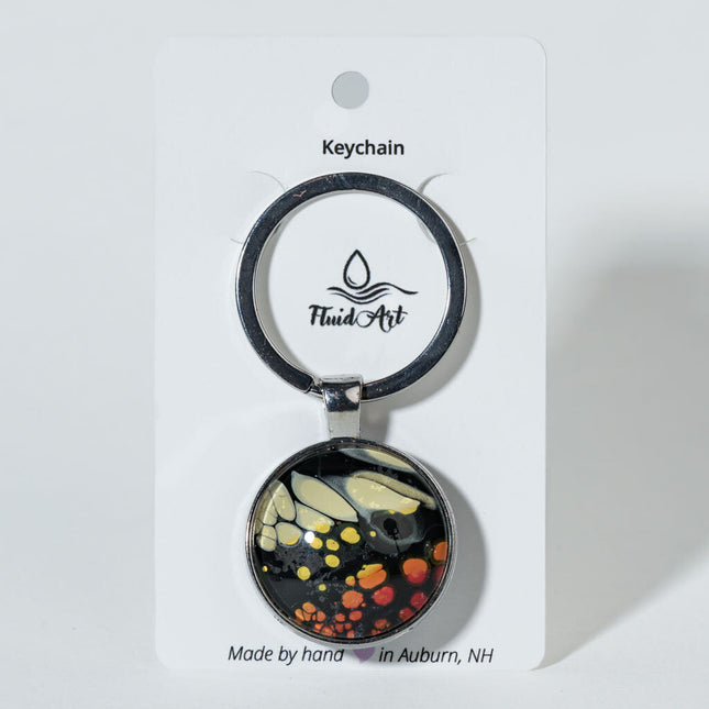 1" Round Fluid Art Keychain - cyan, dark blue, lavender yellow, orange red black 3