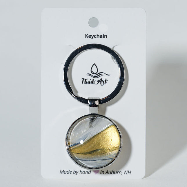 1" Round Fluid Art Keychain - Gold white gray black