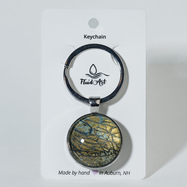 1" Round Fluid Art Keychain - Blue iridescent gold, grey, black