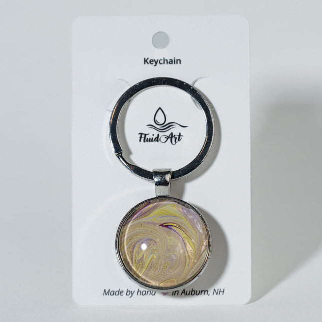 1" Round Fluid Art Keychain - yellow, gold, magenta, lavender