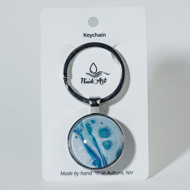 1" Round Fluid Art Keychain - white, teal green, blue