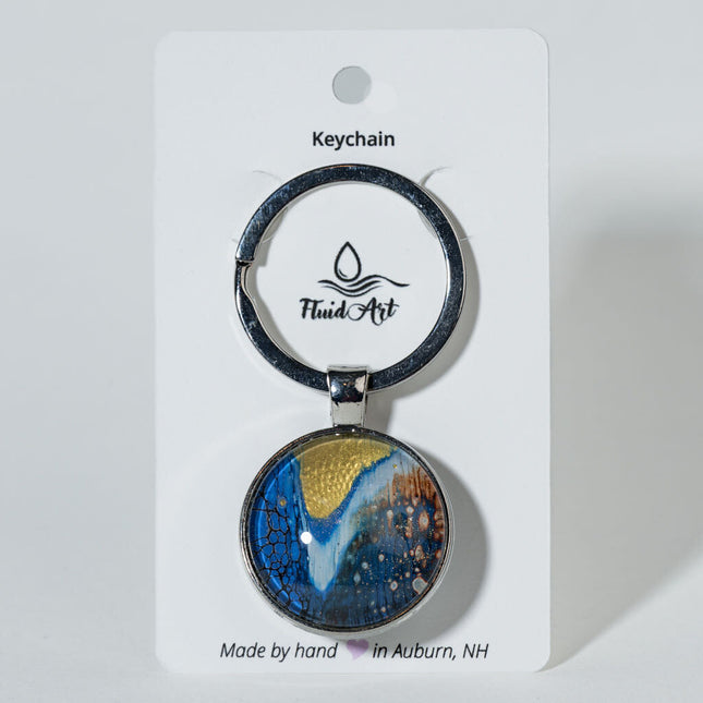 1" Round Fluid Art Keychain - Blue white, gold, copper black
