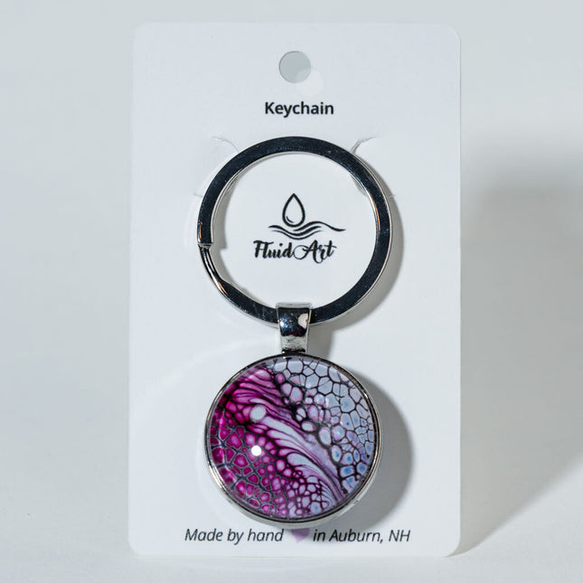1" Round Fluid Art Keychain - magenta, white black