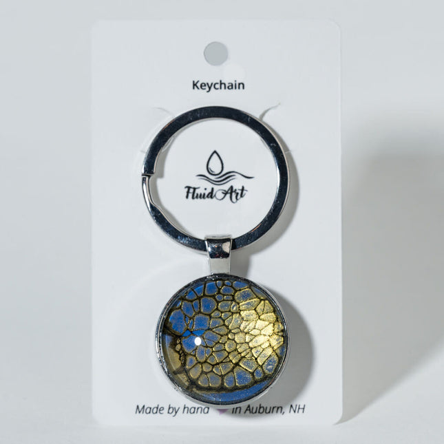 1" Round Fluid Art Keychain - blue, gold, black