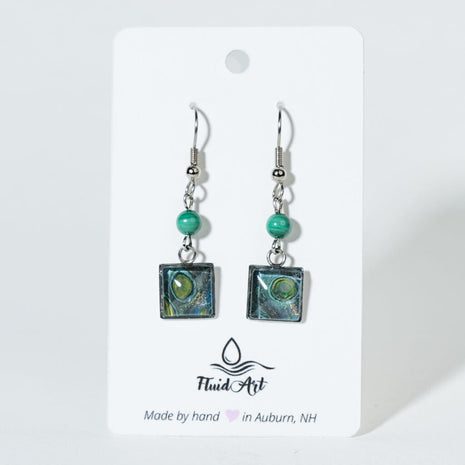 Malachite & Square Fluid Art Drop Earrings - Green black gold
