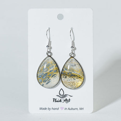Large Teardrop Fluid Art Earrings - iridescent gold, grey