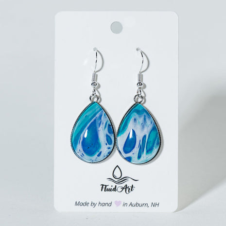 Large Teardrop Fluid Art Earrings - Blue teal green white