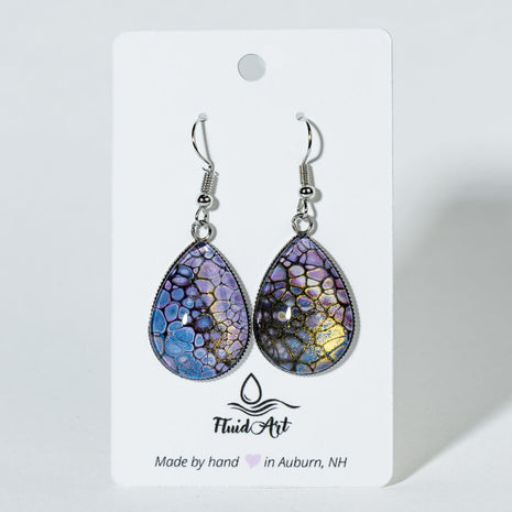 Large Teardrop Fluid Art Earrings - lavender blue iridescent, gold black