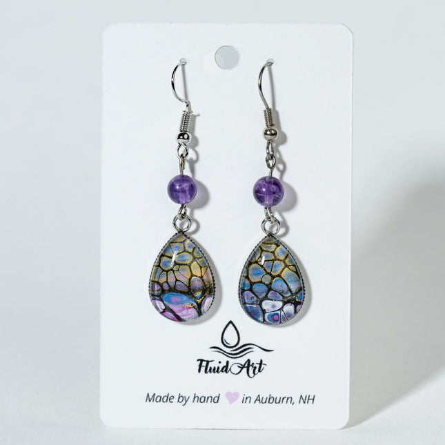 Amethyst Medium Teardrop Fluid Art Earrings - iridescent gold, black, blue, white