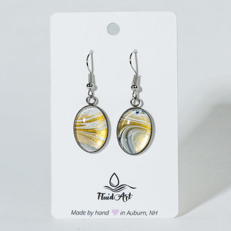 Oval Fluid Art Drop Earrings - Gold white silver
