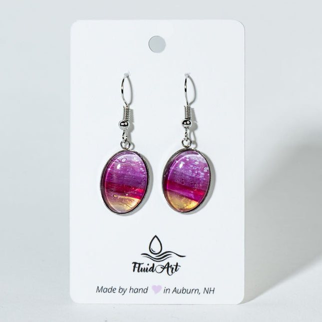 Oval Fluid Art Drop Earrings - magenta, gold white