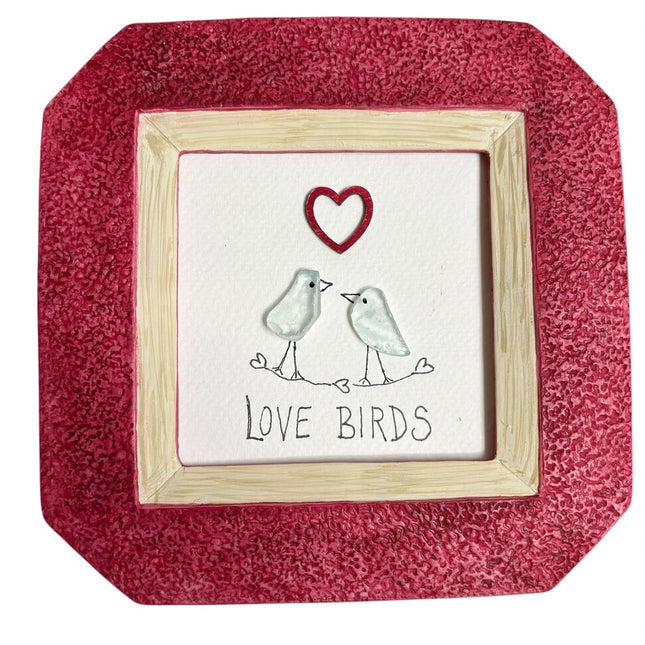 Glass love birds in redish frame with wood heart
