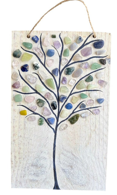 tree of life w/colored stones on wood