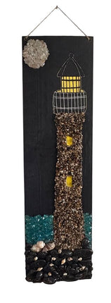 tall Lighthouse on wood w/crushed rocks, moon, blk rocks