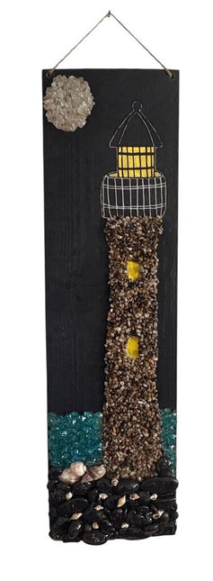 tall Lighthouse on wood w/crushed rocks, moon, blk rocks