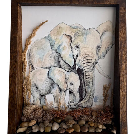 Elephans printed on metal from original watercolor in frame with rocks