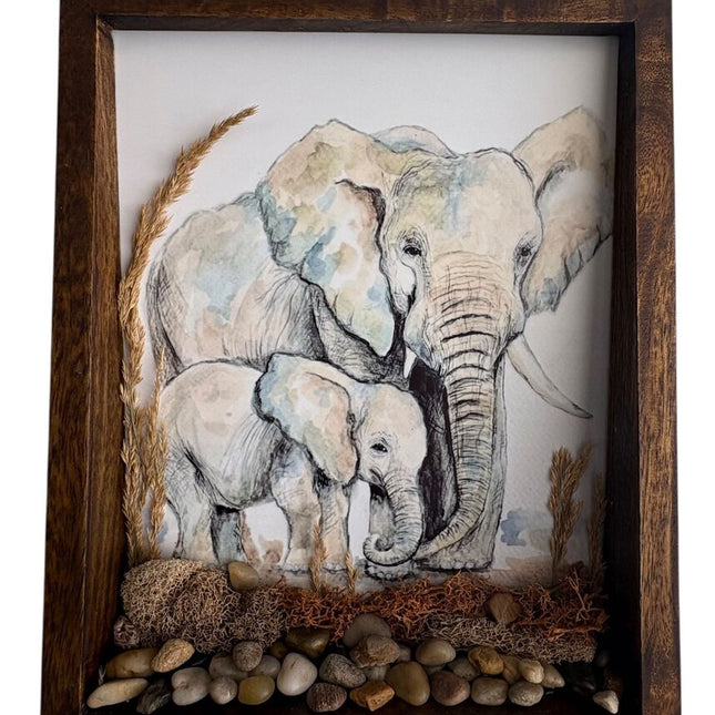 Elephans printed on metal from original watercolor in frame with rocks