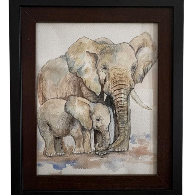 Original watercolor elephants in frame