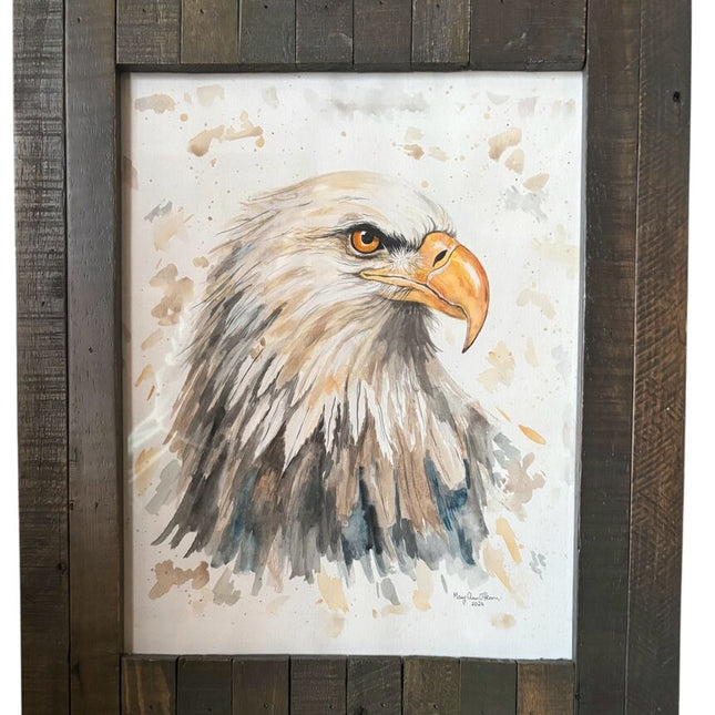Original watercolor Eagle head in wood frame