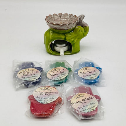 Tea Light Ceramic Warmer & Soy Wax Melts Set - Green Elephant