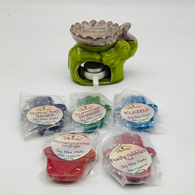 Tea Light Ceramic Warmer & Soy Wax Melts Set - Green Elephant