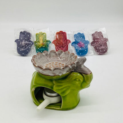 Tea Light Ceramic Warmer & Soy Wax Melts Set - Green Elephant