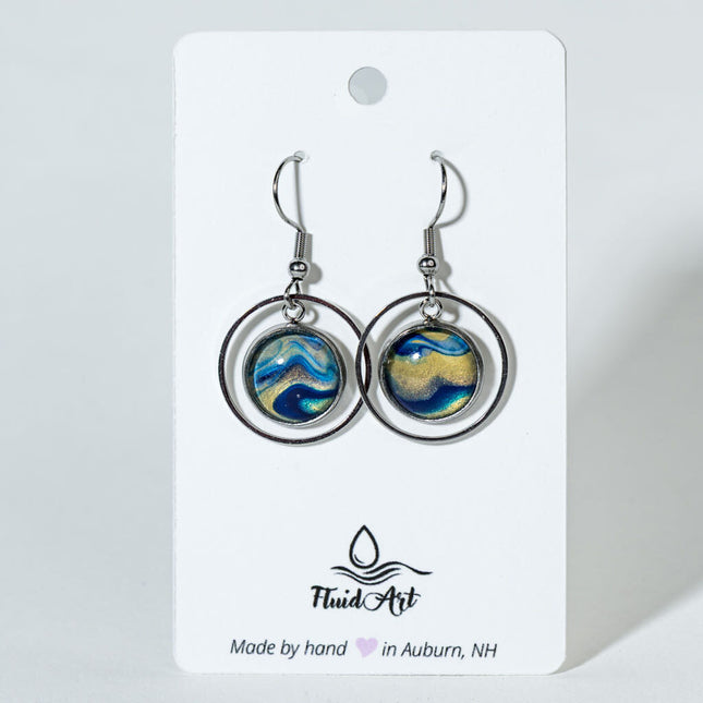 Double-Outline Circle Fluid Art Earrings - Blue gold