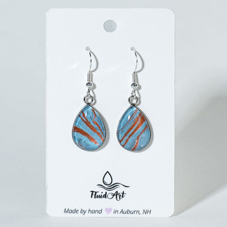 Medium Teardrop Fluid Art Earrings - blue and bronze