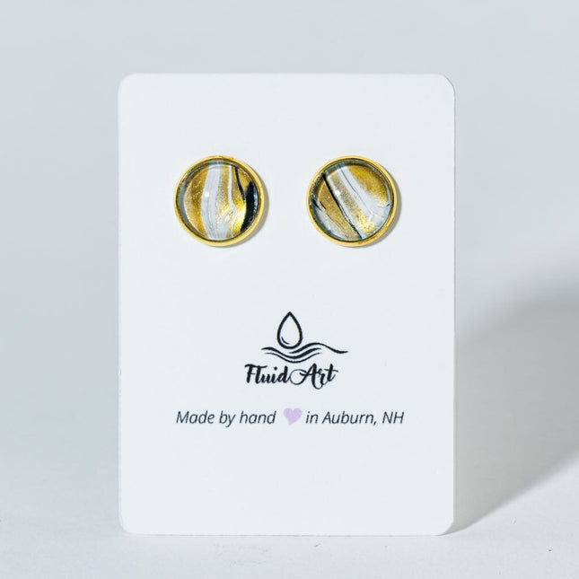 Round Fluid Art Post Earrings - Gold white black
