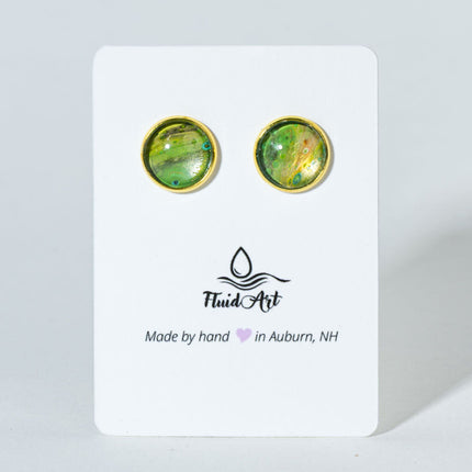 Round Fluid Art Post Earrings - Gold Green