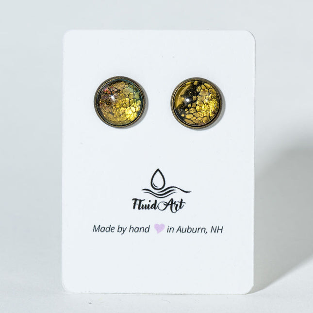 Round Fluid Art Post Earrings - Gold Black on antique bronze