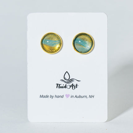 Round Fluid Art Post Earrings - Gold teal