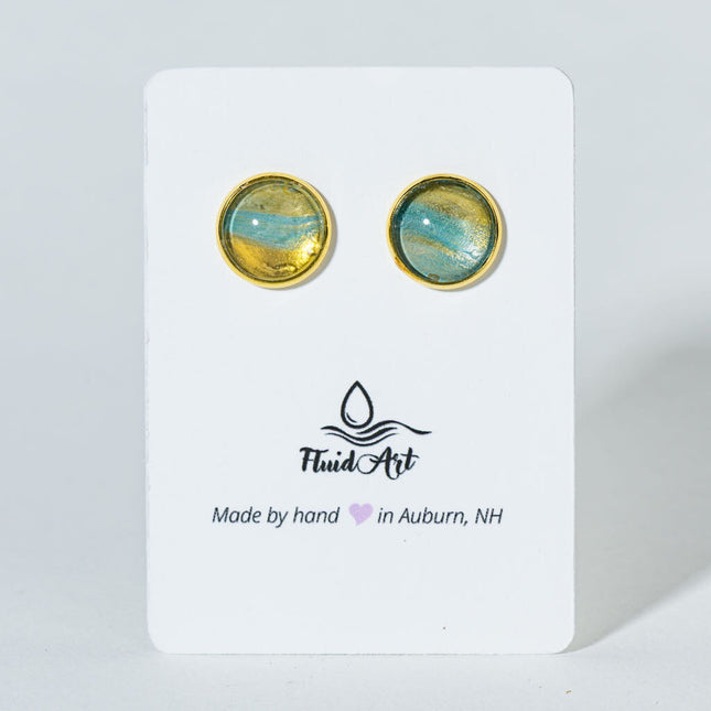 Round Fluid Art Post Earrings - Gold teal