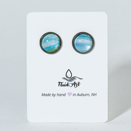 Round Fluid Art Post Earrings - Blue gold on antique bronze